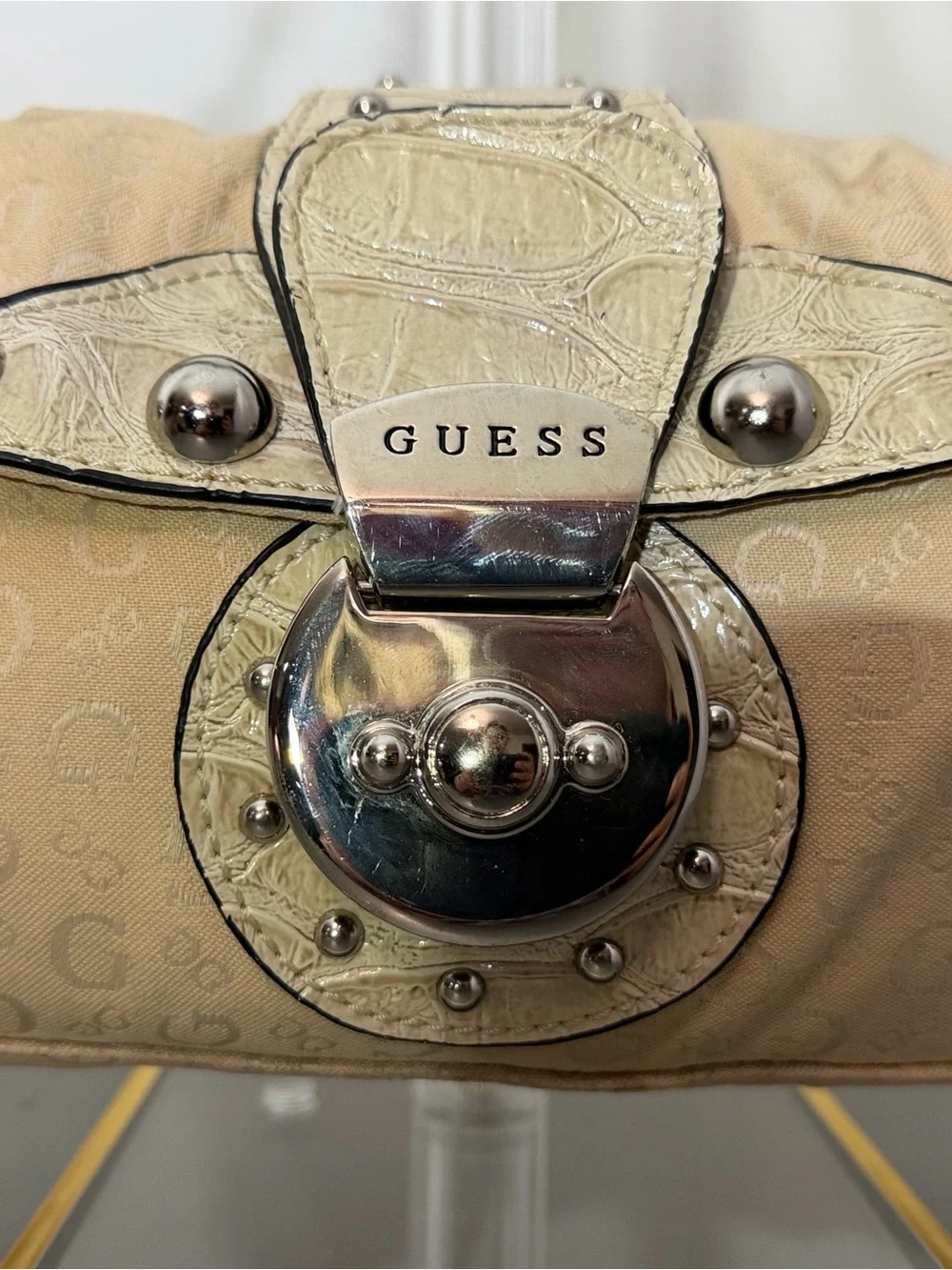 GUESS Cream Studded Logo Shoulder Bag #Y2K